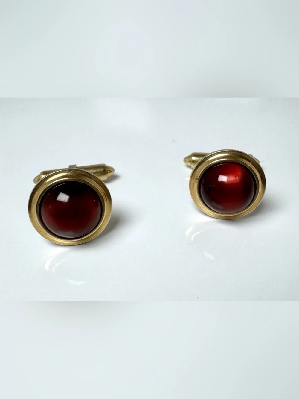 Krementz Gold Plated Red Cabochon Bullet Back Round Signed Men's Cufflinks #1543